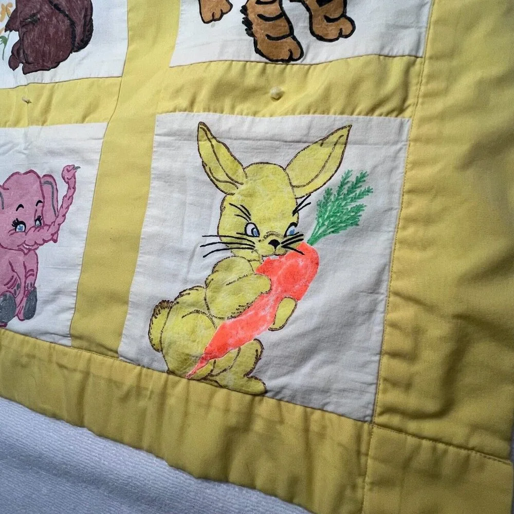 Vintage Handmade Quilt Hand Painted Animals Elephant Tiger Bunny Squirrel Yellow